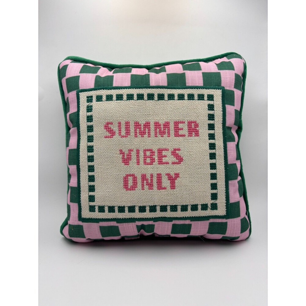 "Summer Vibes Only" needlepoint throw pillow green pink checkered velvet back